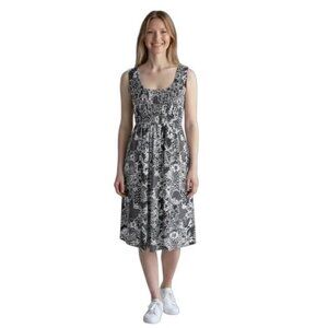 Muse SZ‎ 12 Black White Floral Stretch Midi Dress. Vacation Sun Party Casual EUC